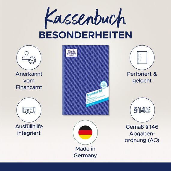 AVERY Zweckform 426 Kassenbuch (A4, 100 Blatt, 1 Blatt Blaupapier, nach Steuerschiene 300, EDV-gerechte Datenerfassung, von Rechtsexperten geprüft, für DE, ordnungsgemäße Buchführung) weiß