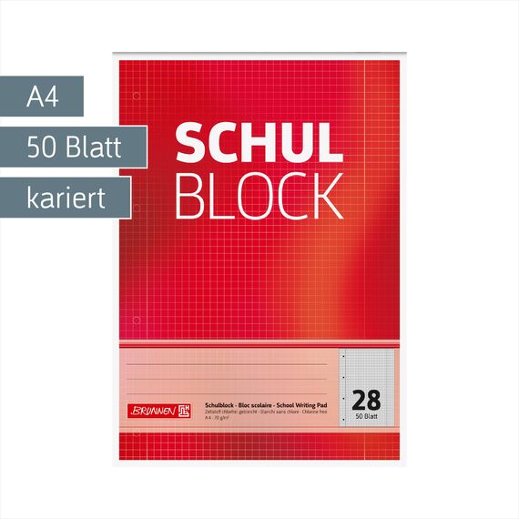 Brunnen 1052528 Schulblock / Notizblock (A4, 50 Blatt, kariert, mit Randlinien, Lineatur 28, gelocht, kopfverleimt, 70 g/m²)