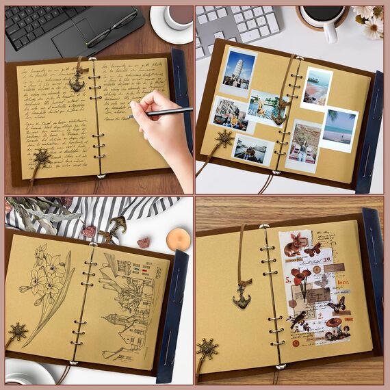 Joy & Inspiration PU Leder Notizbuch A5 mit nachfüllbarem Kraftpapier Vintage Nachfüllbar Gebunden Schönes Reisetagebuch Tagebuch Ringbuch Skizzenbuch Vintage Notebook (A5 Dunkelblau)