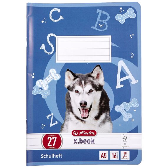herlitz Schulheft x.book A5, Lineatur 27, ab der 5. Klasse, liniert mit beidseitigem Rand, 16 Blatt, 10 Stück