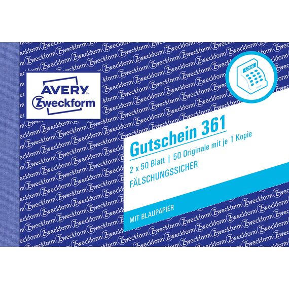 AVERY Zweckform 361 Gutschein (A6 quer, mit 1 Blaupapier, von Rechtsexperten geprüft, fälschungssicher, mit Ausfüllhilfe, für Deutschland zum Erstellen von Gutschriften, 2x50 Blatt) weiß/gelb