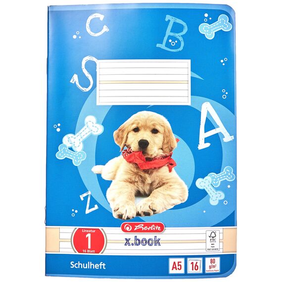 herlitz Schulheft x.book A5, Lineatur 1, 1. Klasse, liniert, farbig hinterlegt, 16 Blatt, 10 Stück
