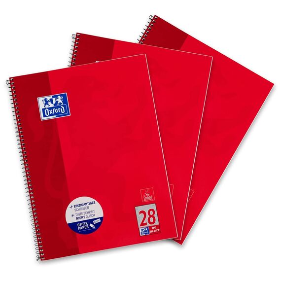 Oxford Collegeblock A4 kariert, 80 Blatt, gelocht, rot, 3 Stück