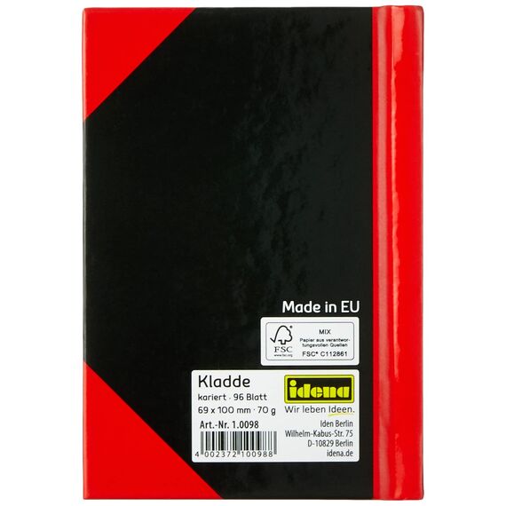 Idena 10098 - Kladde DIN A7, 96 Blatt, 70 g/m², kariert, fester Einband, rot/schwarz, 1 Stück