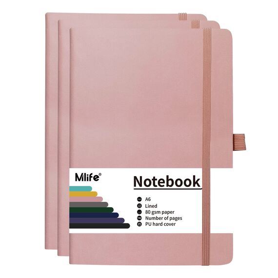 Mlife 3 Pack A6 Klein Journal Notizbuch, 192 Seiten, A6 Notizbücher Mini Hardcover mit elastischem Verschlussband und Falttasche (Rosa)…