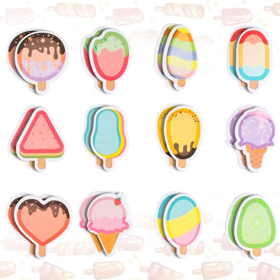 24 Paket Haftnotizen Kinder, 720 Blatt Sticky Notes, Süße Eiscreme Haftnotizzettel, Kleine Haftnotizblock, Klebezettel Büronotizen für Sommerferien Geschenk Lehrer Kollegen Party Taschen Füller