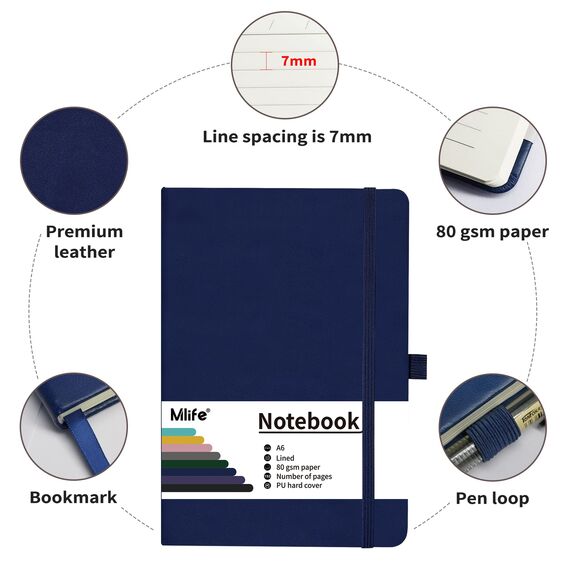 Mlife 3Pack A6 Klein Journal Notizbuch, 192 Seiten, A6 Notizbücher Mini Hardcover mit elastischem Verschlussband und Falttasche (Blau