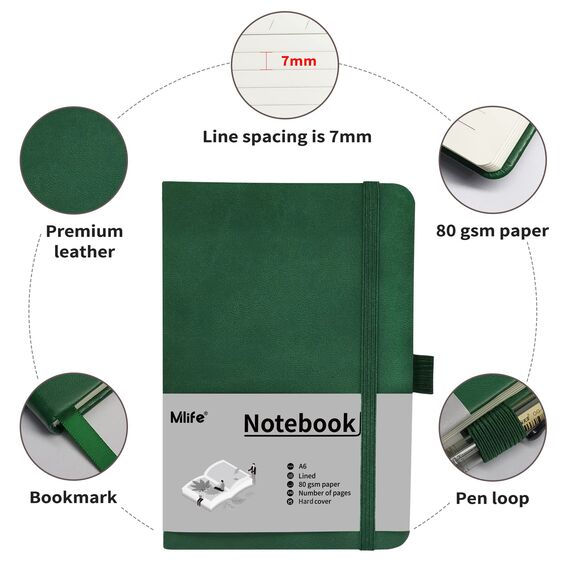 Mlife A6 Klein Journal Notizbuch, 192 Seiten, A6 Notizbücher Mini Hardcover mit elastischem Verschlussband und Falttasche (Grün)