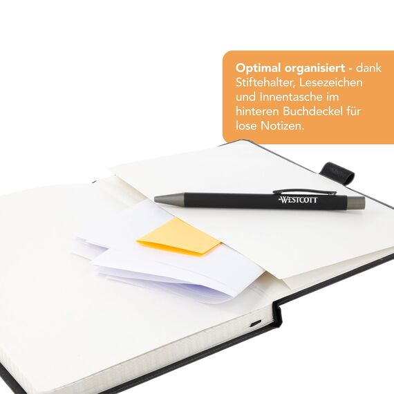 Westcott Notizbuch DIN A5 kariert | 192 Seiten im edlen Hardcover-Einband | 80 g/m² nachhaltiges FSC-Mix Papier | mit Innentasche, Lesezeichen, Gummizug und Stifthalter | E-744836 00