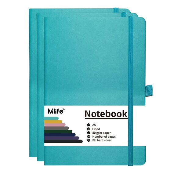 Mlife 3Pack A6 Klein Journal Notizbuch, 192 Seiten, A6 Notizbücher Mini Hardcover mit elastischem Verschlussband und Falttasche (Türkis)…