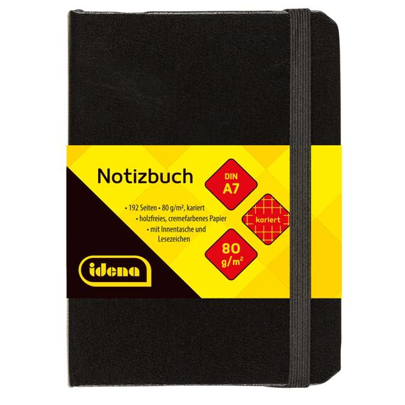 Idena 209283 - Notizbuch DIN A7, kariert, Papier cremefarben, 192 Seiten, 80 g/m², Hardcover in Schwarz