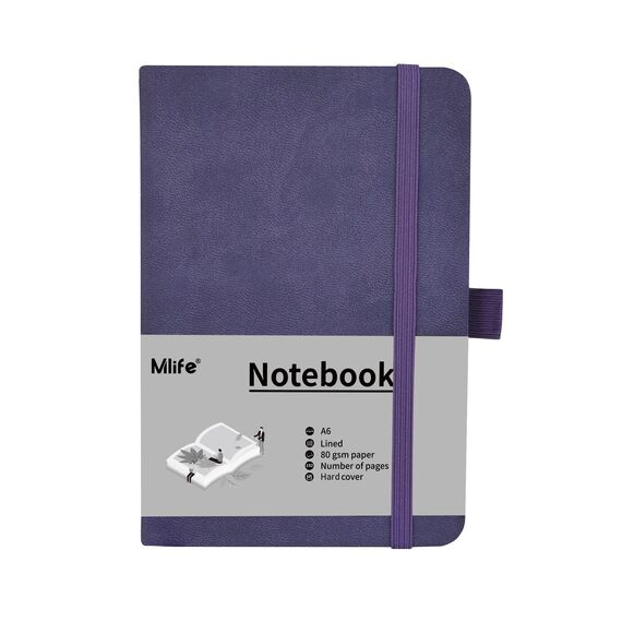 Mlife A6 Klein Journal Notizbuch, 192 Seiten, A6 Notizbücher Mini Hardcover mit elastischem Verschlussband und Falttasche(Lila)