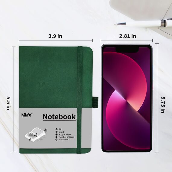 Mlife A6 Klein Journal Notizbuch, 192 Seiten, A6 Notizbücher Mini Hardcover mit elastischem Verschlussband und Falttasche (Grün)