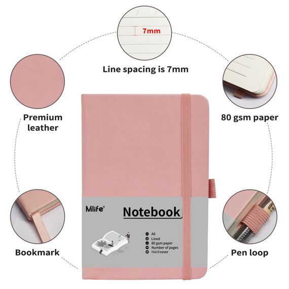 Mlife A6 Klein Journal Notizbuch, 192 Seiten, A6 Notizbücher Mini Hardcover mit elastischem Verschlussband und Falttasche (Rosa)