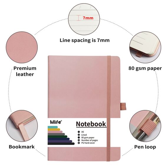 Mlife 3 Pack A6 Klein Journal Notizbuch, 192 Seiten, A6 Notizbücher Mini Hardcover mit elastischem Verschlussband und Falttasche (Rosa)…