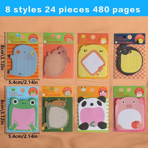 Bunt Cartoon Tiere Haftnotizen, 24 Paket Süße Sticky Notes, Selbstklebende Haftnotizzettel, Klein Büronotizen für Party Taschen Füller Kinder Geschenke, Büro Schule Haus Kühlschrank