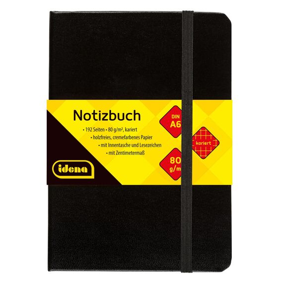 Idena 209282 - Notizbuch DIN A6, kariert, Papier cremefarben, 192 Seiten, 80 g/m², Hardcover in Schwarz