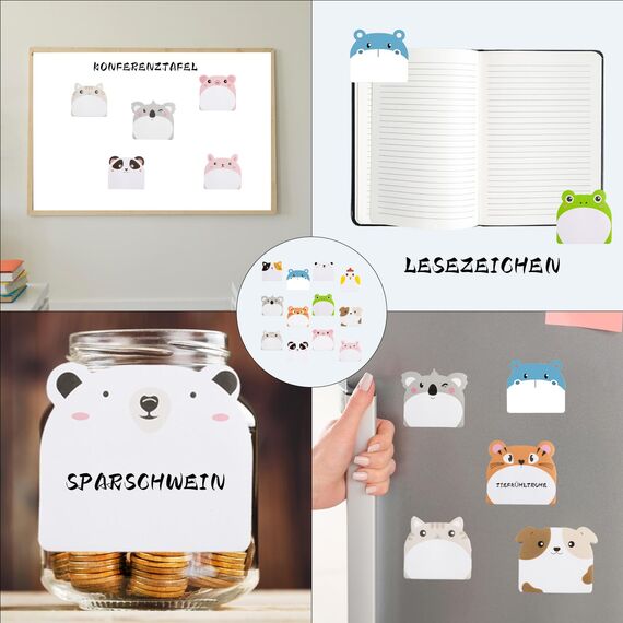 24 Paket Bunt Cartoon Tiere Haftnotizen Klebezettel, Sticky Notes, Selbstklebende Haftnotizzettel, Süße Klein Büronotizen für Büro Schule Haus, Party Kindergeburtstag Gastgeschenke