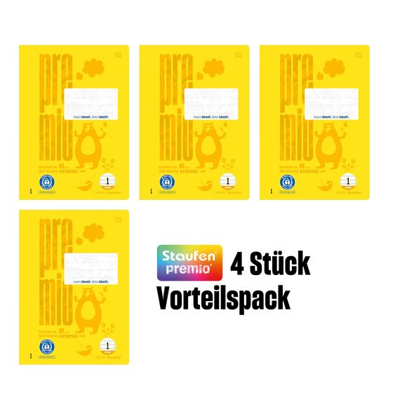 Staufen premio Schreiblernheft - 4 Hefte je 16 Blatt, DIN A4, Lineatur 1 (5/5/5mm liniert, farbig hinterlegte Lineatur), 90 g/m² Recyclingpapier, runde Ecken verhindern „Eselsohren“