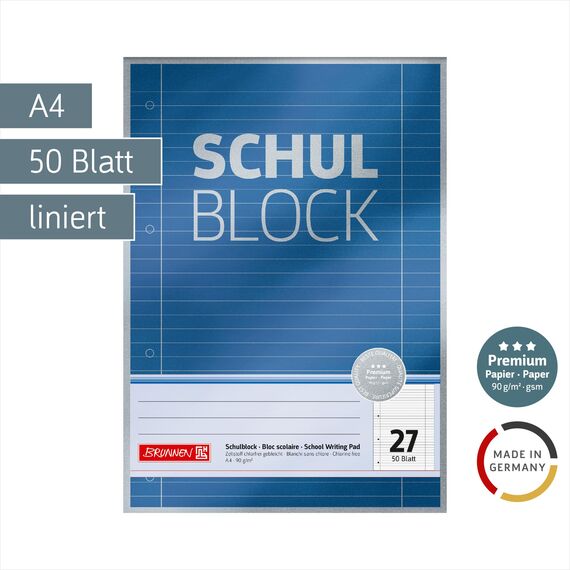 BRUNNEN Schulblock Premium | A4, Lineatur 27, 50 Blatt, blau