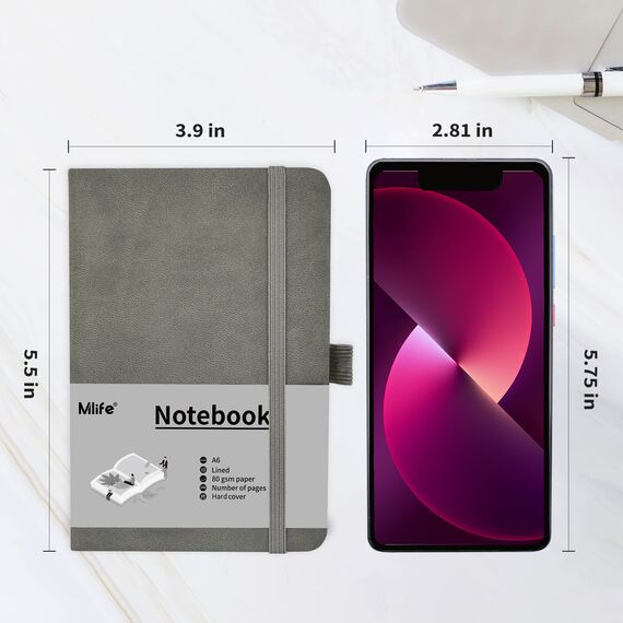 Mlife A6 Klein Journal Notizbuch, 192 Seiten, A6 Notizbücher Mini Hardcover mit elastischem Verschlussband und Falttasche (Grau)