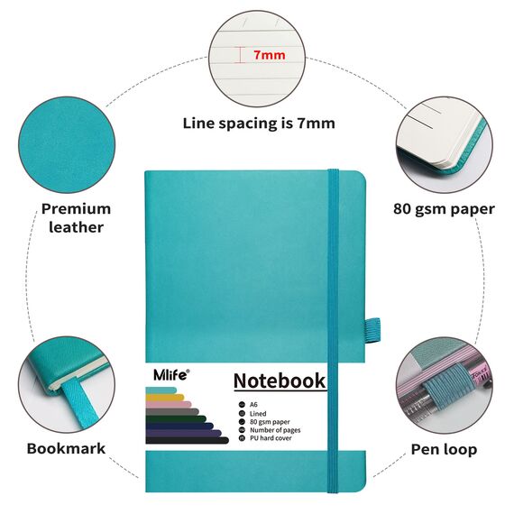 Mlife 3Pack A6 Klein Journal Notizbuch, 192 Seiten, A6 Notizbücher Mini Hardcover mit elastischem Verschlussband und Falttasche (Türkis)…