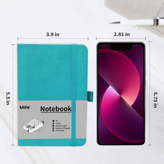 Mlife A6 Klein Journal Notizbuch, 192 Seiten, A6 Notizbücher Mini Hardcover mit elastischem Verschlussband und Falttasche (Türkis)