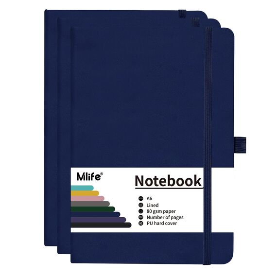 Mlife 3Pack A6 Klein Journal Notizbuch, 192 Seiten, A6 Notizbücher Mini Hardcover mit elastischem Verschlussband und Falttasche (Blau
