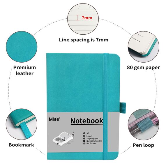 Mlife A6 Klein Journal Notizbuch, 192 Seiten, A6 Notizbücher Mini Hardcover mit elastischem Verschlussband und Falttasche (Türkis)