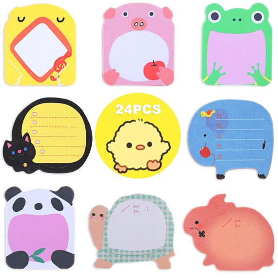 Bunt Cartoon Tiere Haftnotizen, 24 Paket Süße Sticky Notes, Selbstklebende Haftnotizzettel, Klein Büronotizen für Party Taschen Füller Kinder Geschenke, Büro Schule Haus Kühlschrank