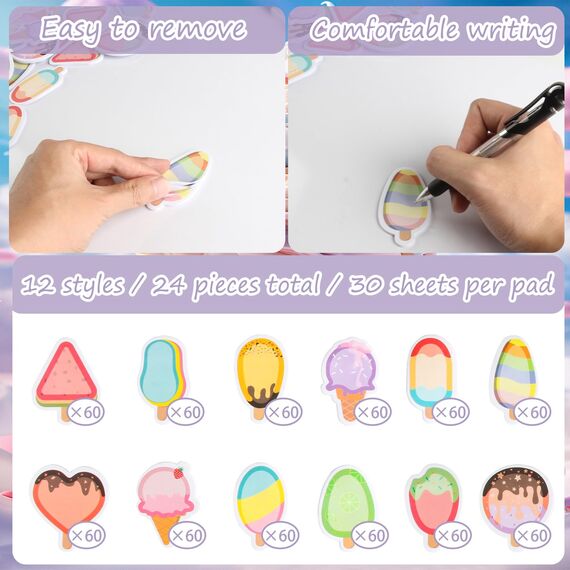 24 Paket Haftnotizen Kinder, 720 Blatt Sticky Notes, Süße Eiscreme Haftnotizzettel, Kleine Haftnotizblock, Klebezettel Büronotizen für Sommerferien Geschenk Lehrer Kollegen Party Taschen Füller