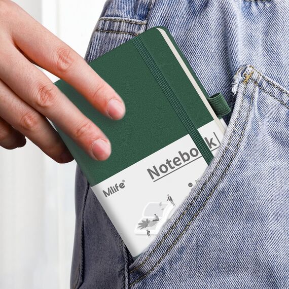 Mlife A6 Klein Journal Notizbuch, 192 Seiten, A6 Notizbücher Mini Hardcover mit elastischem Verschlussband und Falttasche (Grün)