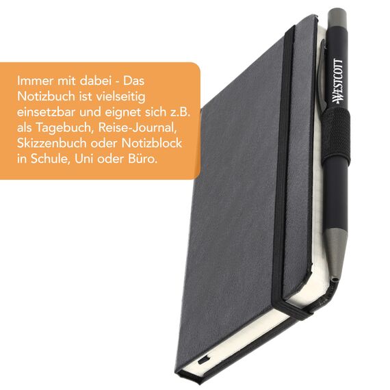 Westcott Notizbuch DIN A6 kariert | 192 Seiten im edlen Hardcover-Einband | 80 g/m² nachhaltiges FSC-Mix Papier | mit Innentasche, Lesezeichen, Gummizug und Stifthalter | E-744843 00