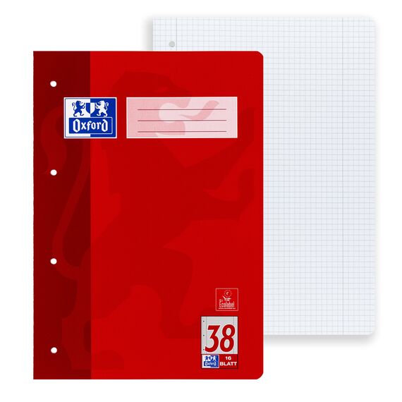 Oxford Schulheft A4, 16 Blatt, Lineatur 38, kariert, gelocht, 15 Stück
