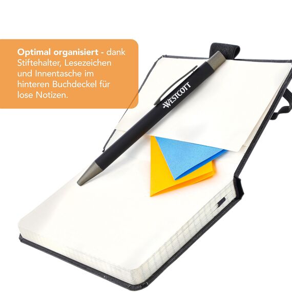 Westcott Notizbuch DIN A6 kariert | 192 Seiten im edlen Hardcover-Einband | 80 g/m² nachhaltiges FSC-Mix Papier | mit Innentasche, Lesezeichen, Gummizug und Stifthalter | E-744843 00