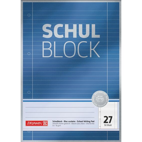 BRUNNEN Schulblock Premium | A4, Lineatur 27, 50 Blatt, blau