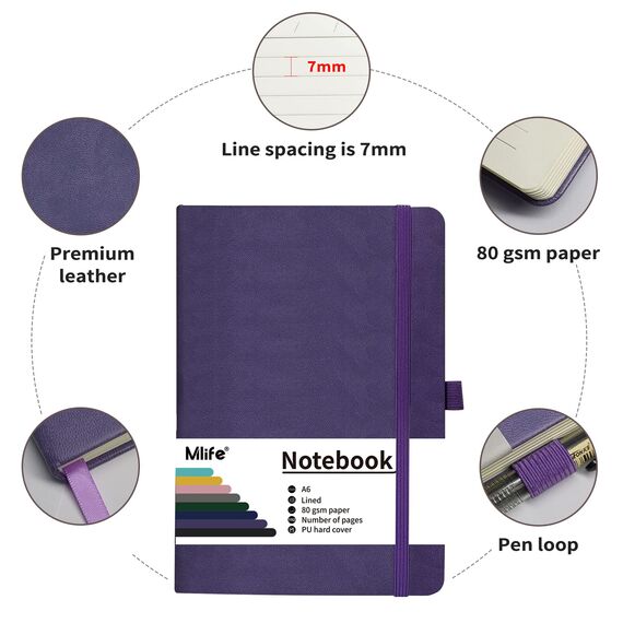 Mlife 3Pack A6 Klein Journal Notizbuch, 192 Seiten, A6 Notizbücher Mini Hardcover mit elastischem Verschlussband und Falttasche (Lila)