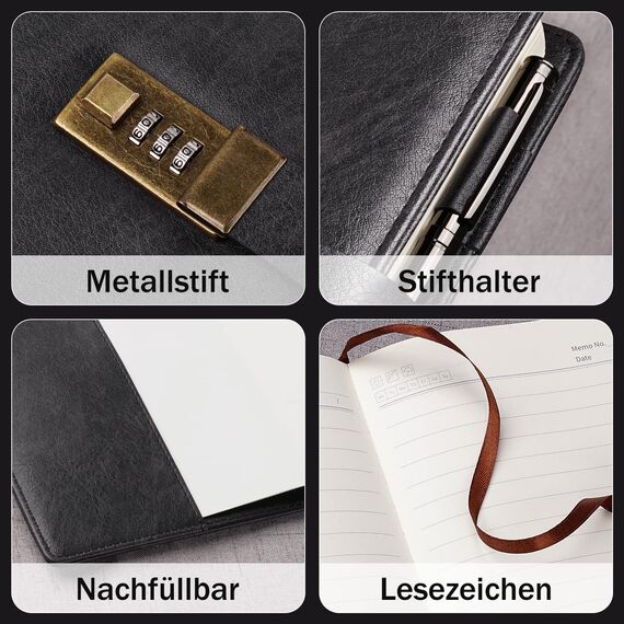 WEMATE Tagebuch mit Schloss, A5 PU Leder Journal mit Schloss 240 Seiten, Vintage Lock Journal mit Stift & Geschenkbox, abschließbares Tagebuch für Frauen & Männer, 8.6x5.8in (Schwarz)
