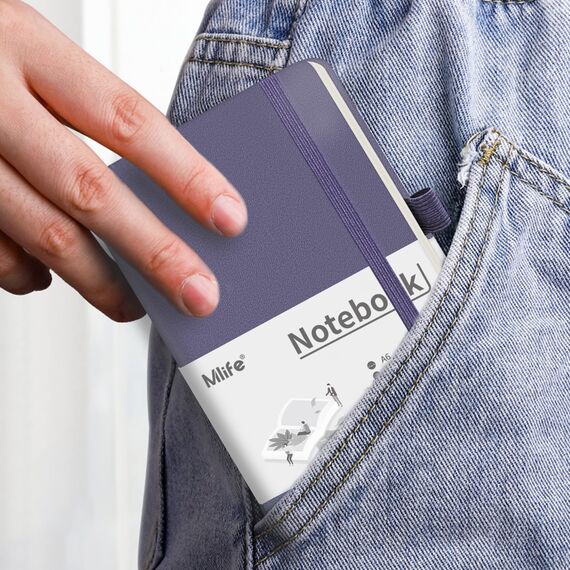 Mlife A6 Klein Journal Notizbuch, 192 Seiten, A6 Notizbücher Mini Hardcover mit elastischem Verschlussband und Falttasche(Lila)