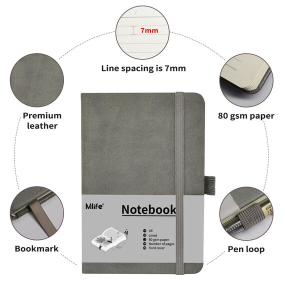 Mlife A6 Klein Journal Notizbuch, 192 Seiten, A6 Notizbücher Mini Hardcover mit elastischem Verschlussband und Falttasche (Grau)