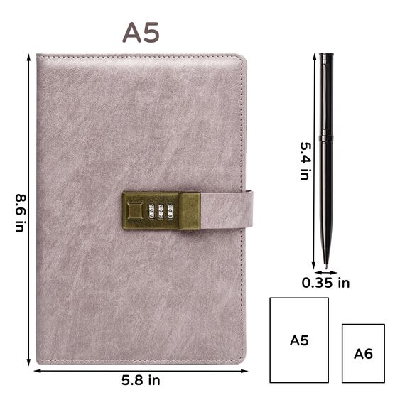 WEMATE Tagebuch mit Schloss, A5-Tagebuch, 240 Seiten, abschließbares Tagebuch mit Stift & Geschenkbox, abschließbarer Tagebuch, Planer, Organizer für Herren und Damen, 21,8 x 14,7 cm, Rosa Beige