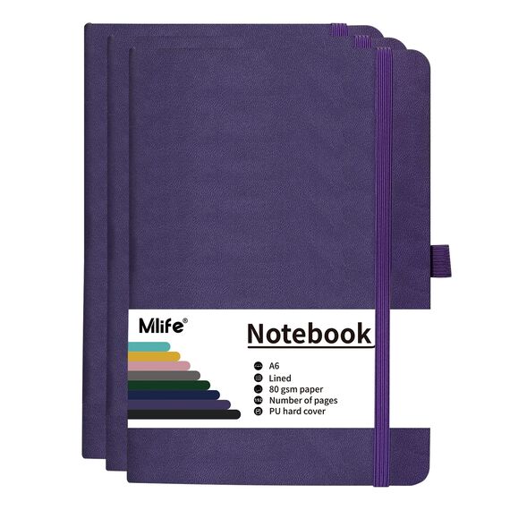 Mlife 3Pack A6 Klein Journal Notizbuch, 192 Seiten, A6 Notizbücher Mini Hardcover mit elastischem Verschlussband und Falttasche (Lila)