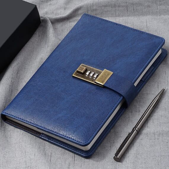 WEMATE Tagebuch mit Schloss, A5 PU Leder Journal mit Schloss 240 Seiten, Vintage Lock Journal mit Stift & Geschenkbox, abschließbares Tagebuch für Frauen & Männer, 8.6x5.8in (Blau)