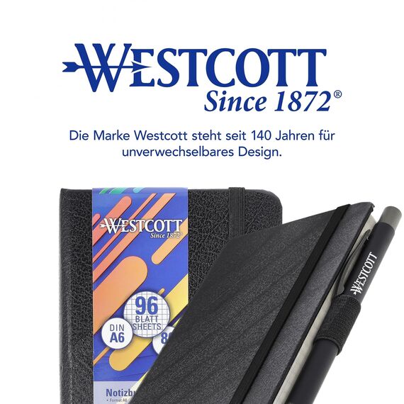 Westcott Notizbuch DIN A6 kariert | 192 Seiten im edlen Hardcover-Einband | 80 g/m² nachhaltiges FSC-Mix Papier | mit Innentasche, Lesezeichen, Gummizug und Stifthalter | E-744843 00
