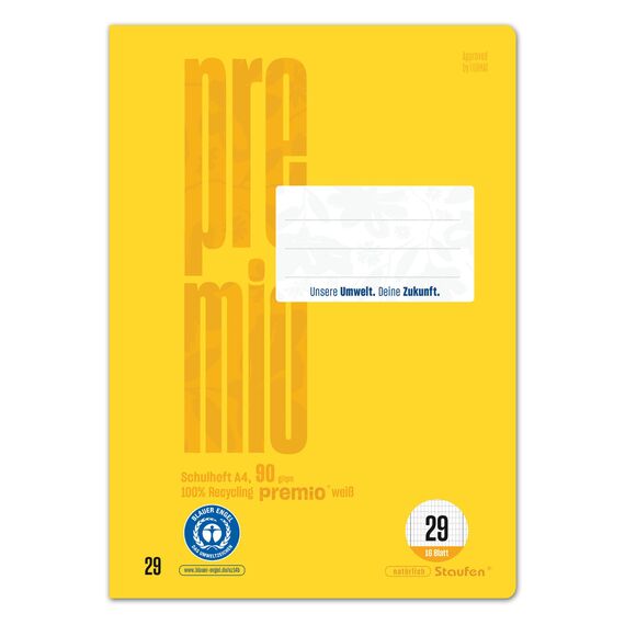 Staufen premio Schulheft - 5 Hefte je 16 Blatt, DIN A4, Lineatur 29 (5 x 9 mm rautiert mit RL), 90 g/m² Recyclingpapier