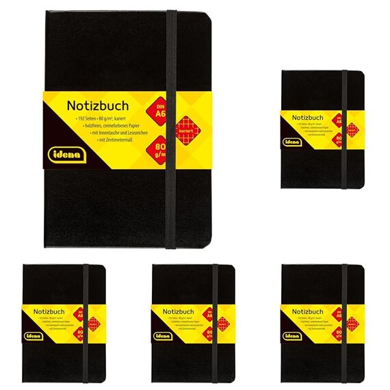 Idena 209282 - Notizbuch DIN A6, kariert, Papier cremefarben, 192 Seiten, 80 g/m², Hardcover in schwarz, 1 Stück (Packung mit 5)