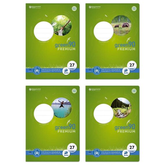Staufen Green Heft - DIN A4, Lineatur 27 (9mm liniert mit Randlinien), 16 Blatt, premiumweißes 90g/m² Recyclingpapier, runde Ecken verhindern „Eselsohren“, 1 Stück