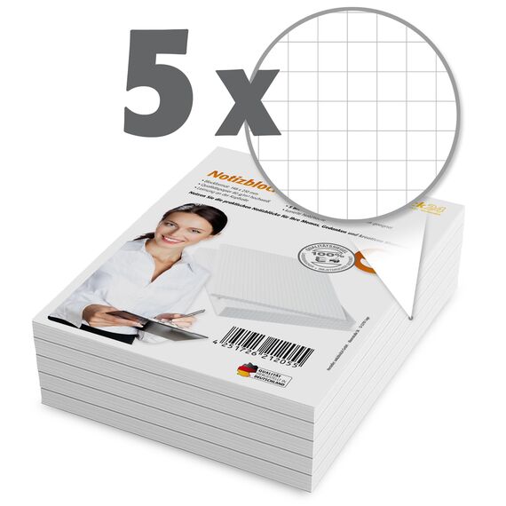 Notizblock A5 kariert 5er Pack 50 Blatt je Block 80 g/m² Offset weiß