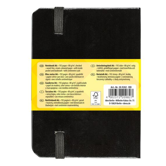 Idena 209282 - Notizbuch DIN A6, kariert, Papier cremefarben, 192 Seiten, 80 g/m², Hardcover in schwarz, 1 Stück (Packung mit 5)