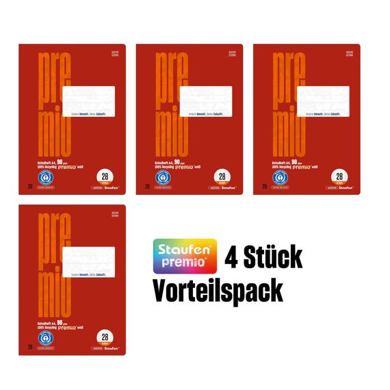 Staufen premio Schulheft - 4 Hefte je 16 Blatt, DIN A4, Lineatur 28 (5mm kariert mit Randlinien), 90 g/m² Recyclingpapier, runde Ecken verhindern „Eselsohren“